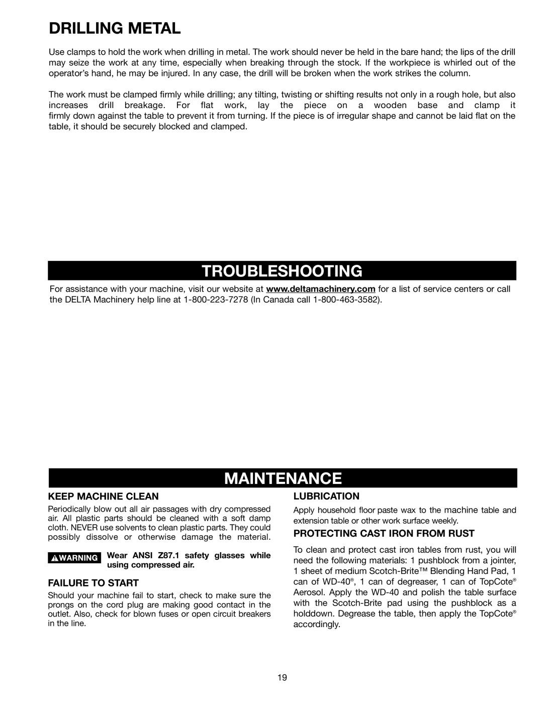 Porter-Cable 70-200 instruction manual Drilling Metal, Troubleshooting Maintenance 