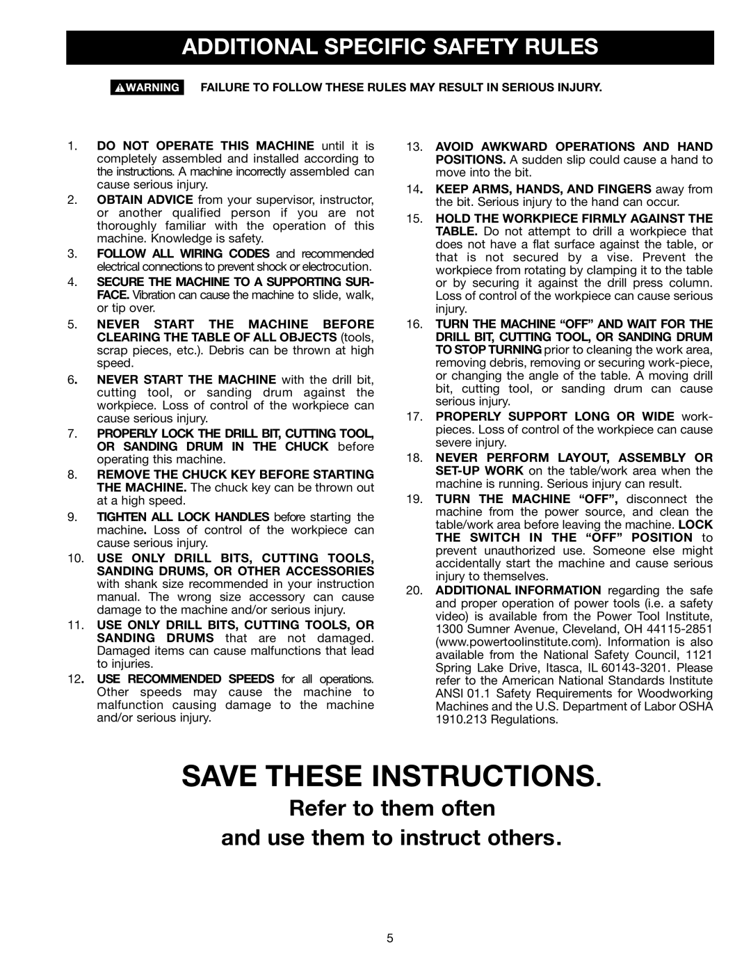 Porter-Cable 70-200 Additional Specific Safety Rules, Failure to Follow These Rules MAY Result in Serious Injury 