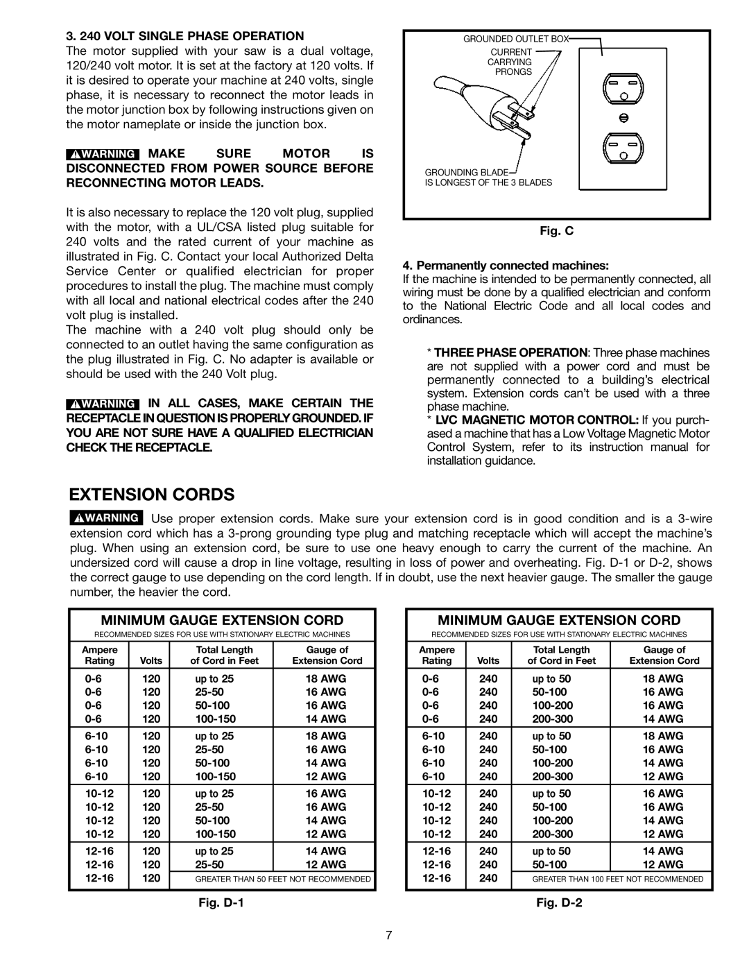 Porter-Cable 70-200 instruction manual Extension Cords, Volt Single Phase Operation 