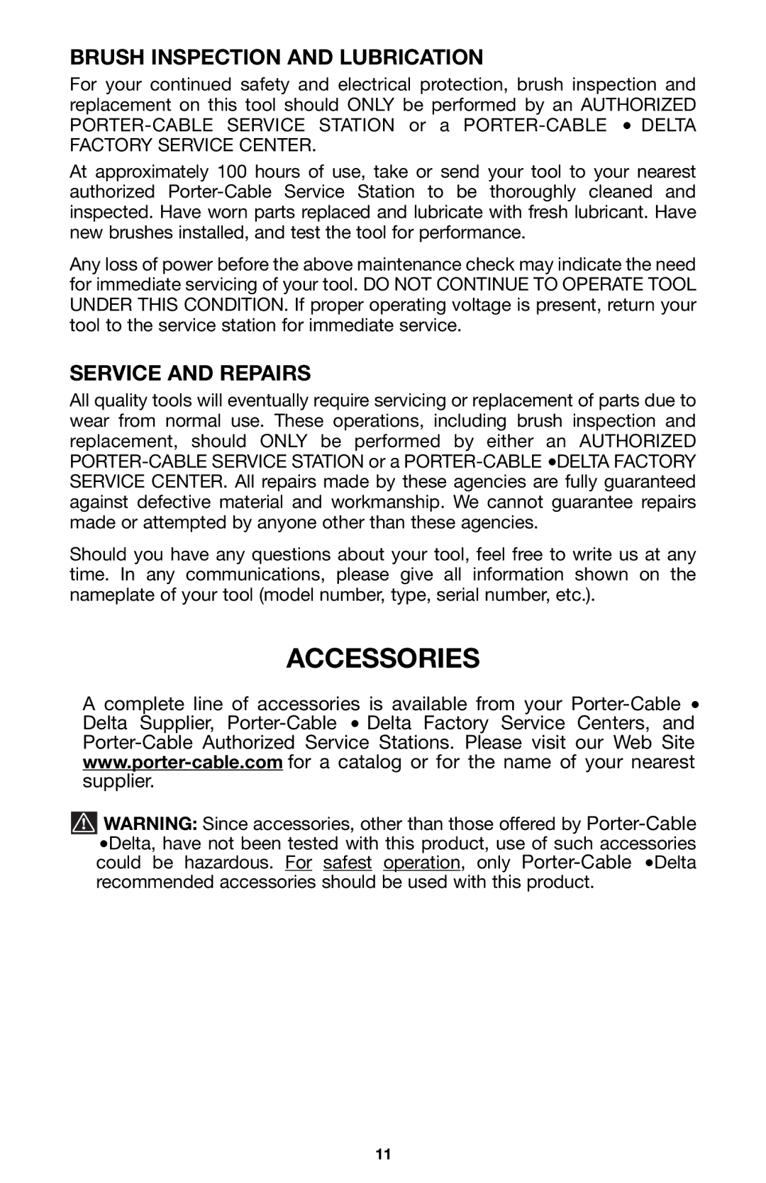 Porter-Cable 725 instruction manual Accessories, Brush Inspection and Lubrication, Service and Repairs 