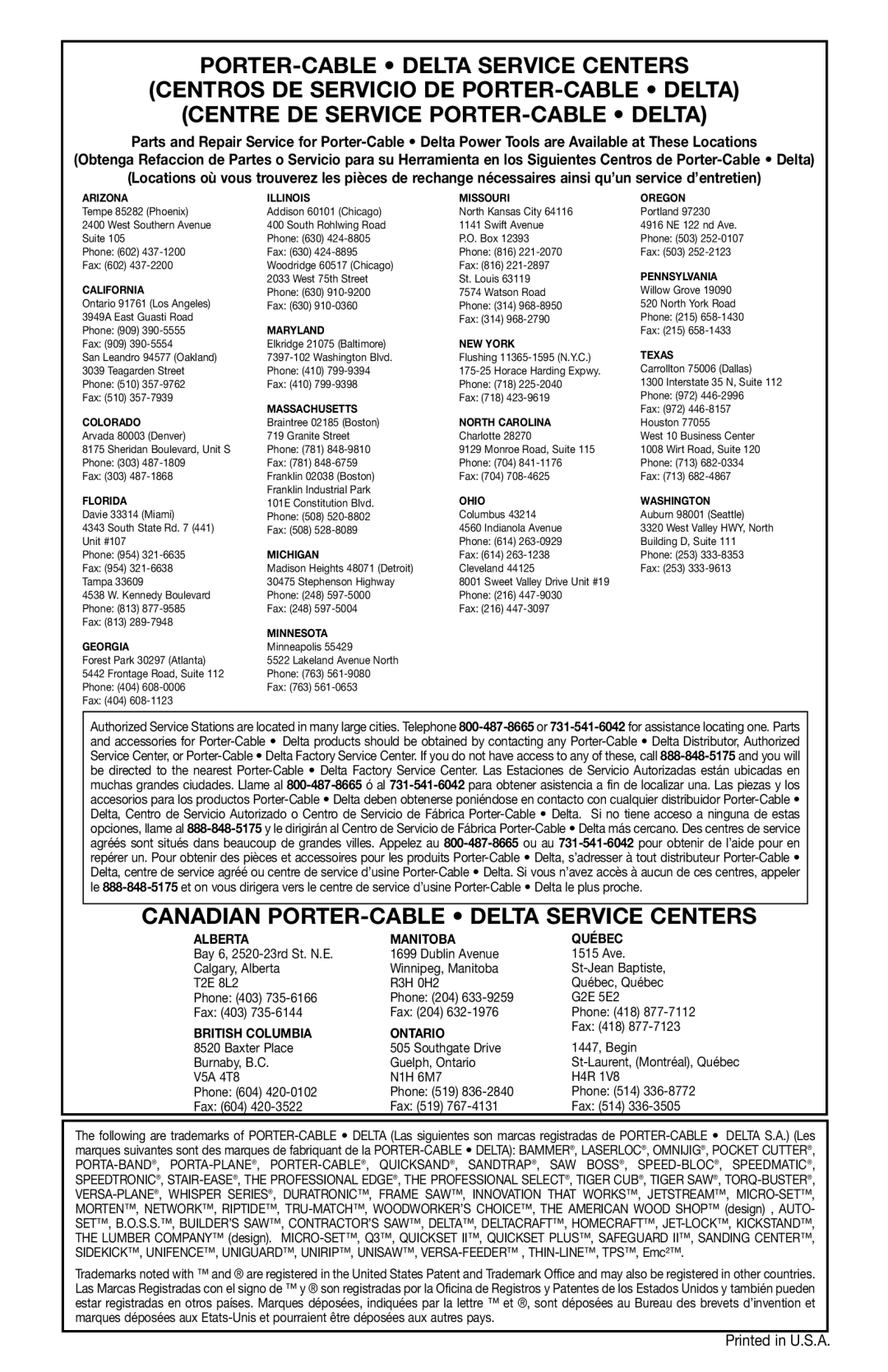 Porter-Cable 725 instruction manual Canadian PORTER-CABLE Delta Service Centers 