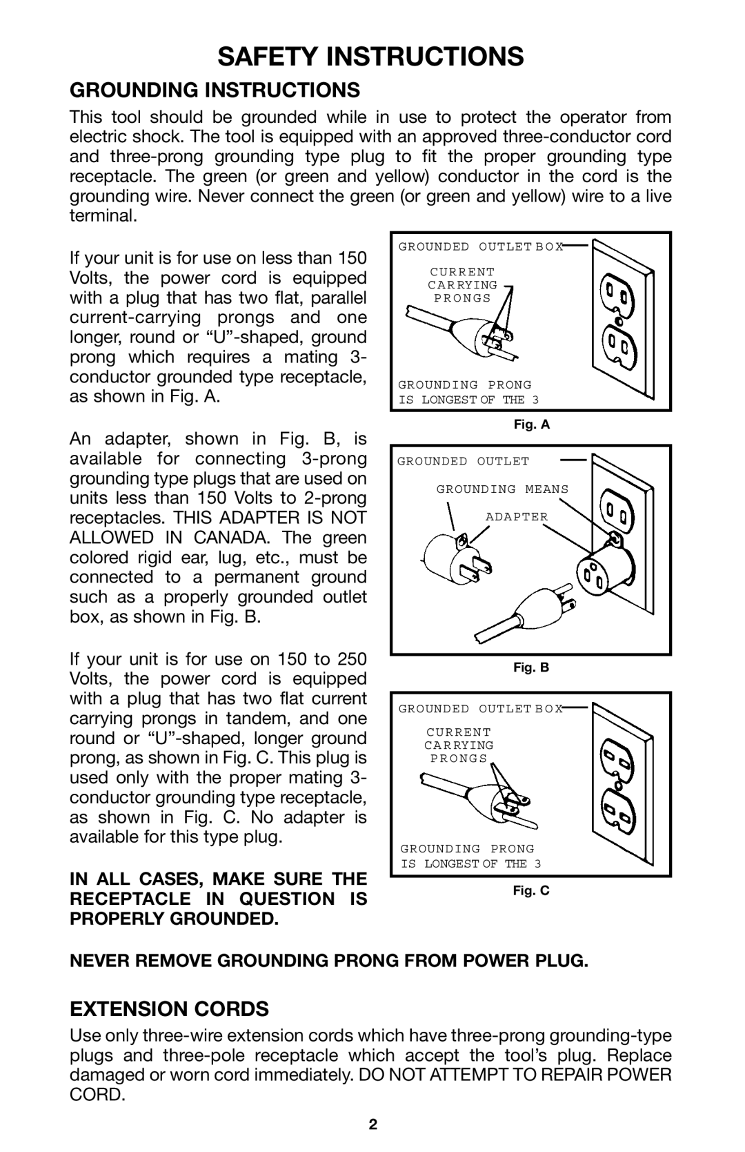 Porter-Cable 725 instruction manual Safety Instructions, Grounding Instructions, Extension Cords 