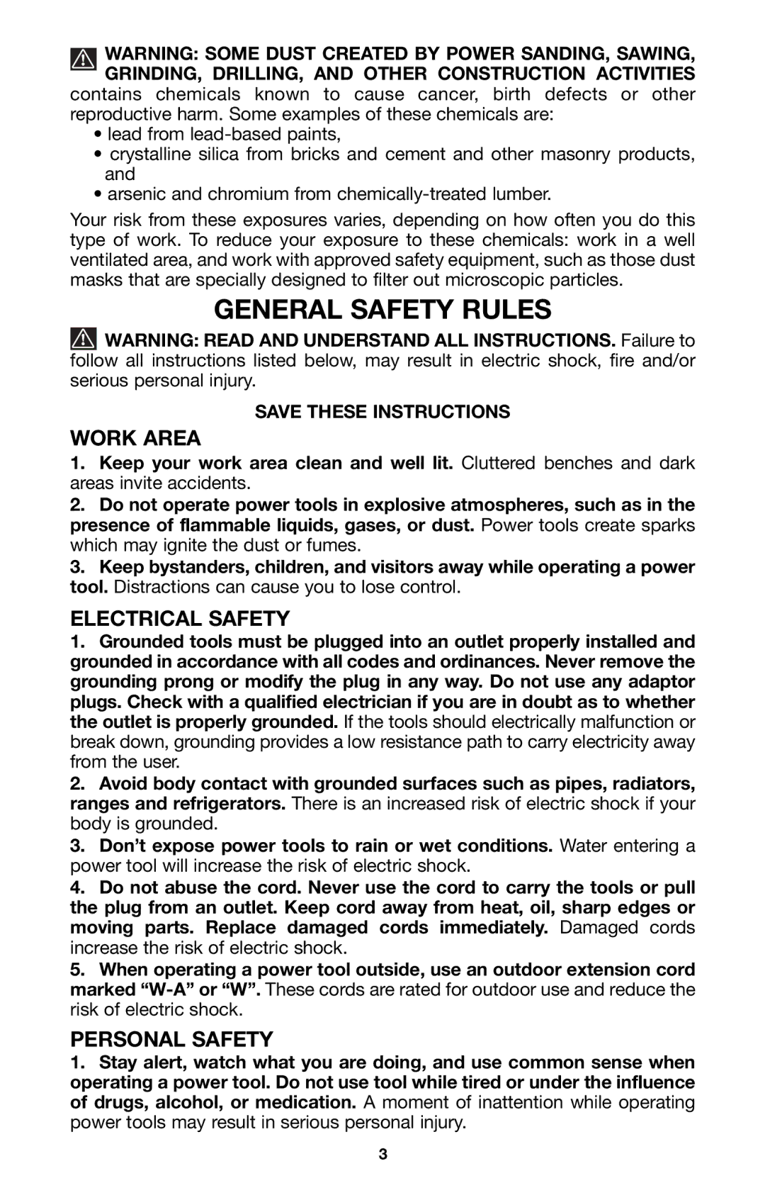 Porter-Cable 725 instruction manual General Safety Rules, Work Area, Electrical Safety, Personal Safety 