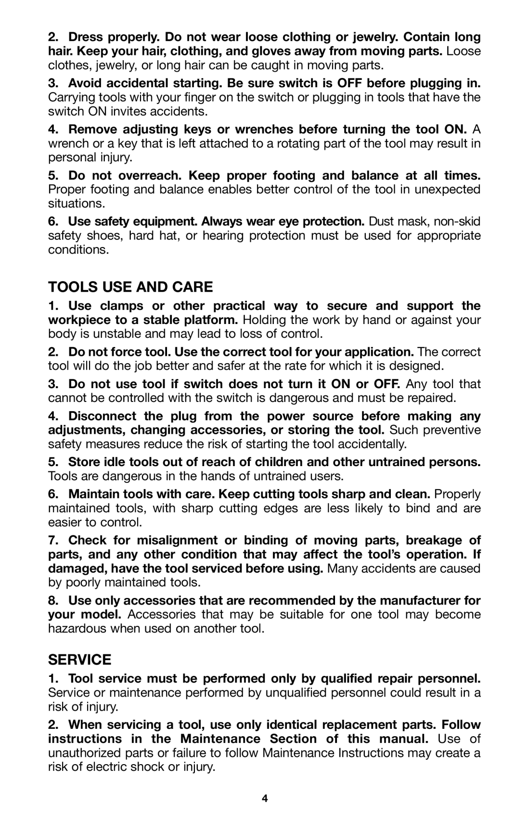 Porter-Cable 725 instruction manual Tools USE and Care, Service 