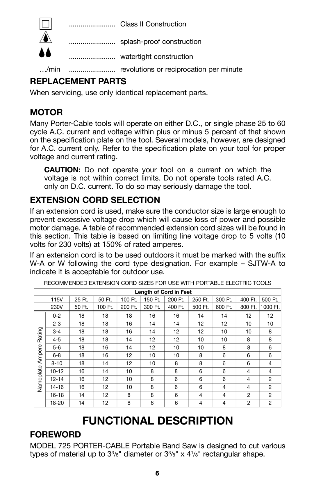 Porter-Cable 725 instruction manual Functional Description, Replacement Parts, Motor, Extension Cord Selection, Foreword 