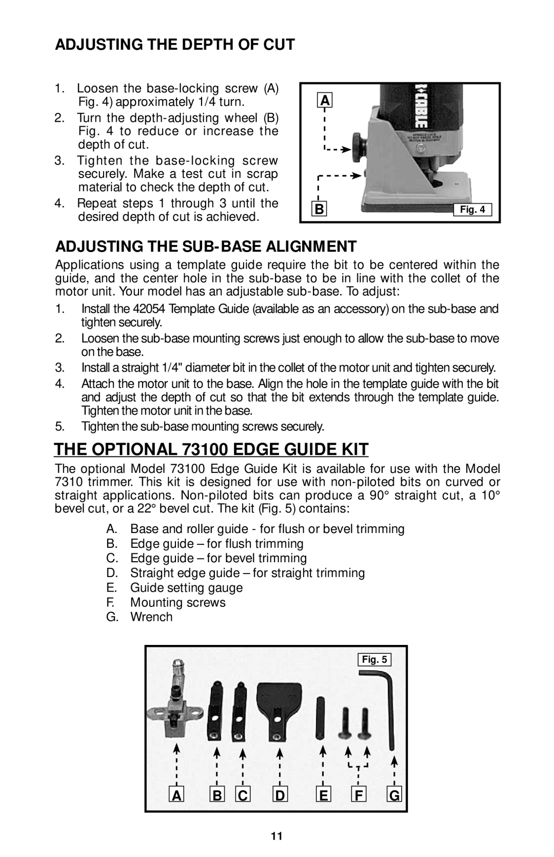 Porter-Cable 7312, 7320, 7319 Optional 73100 Edge Guide KIT, Adjusting the Depth of CUT, Adjusting the SUB-BASE Alignment 