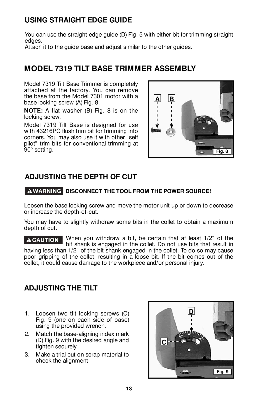 Porter-Cable 7320, 7310, 7312 Model 7319 Tilt Base Trimmer Assembly, Using Straight Edge Guide, Adjusting the Tilt 