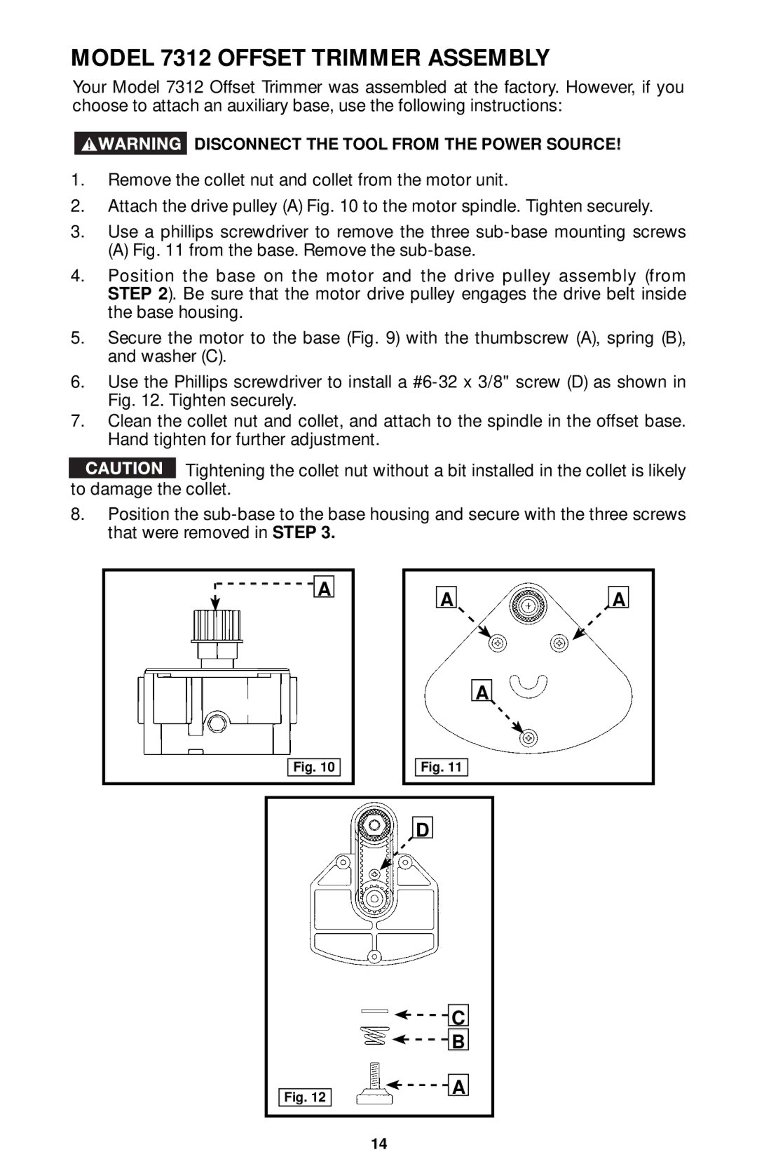 Porter-Cable 7319, 7310, 7320 instruction manual Model 7312 Offset Trimmer Assembly 