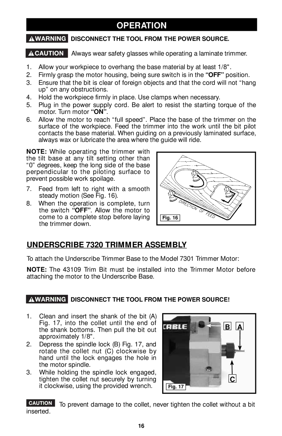 Porter-Cable 7310, 7319, 7312 instruction manual Operation, Underscribe 7320 Trimmer Assembly 