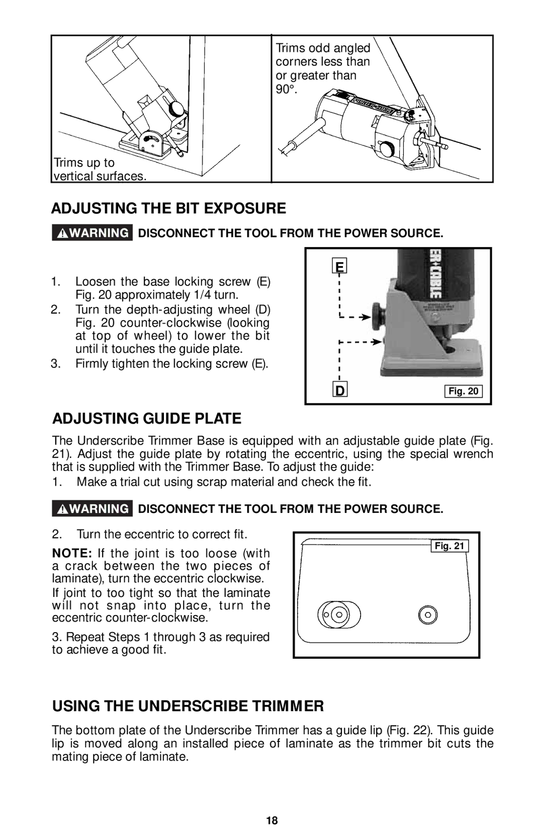 Porter-Cable 7319, 7310, 7320, 7312 Adjusting the BIT Exposure, Adjusting Guide Plate, Using the Underscribe Trimmer 