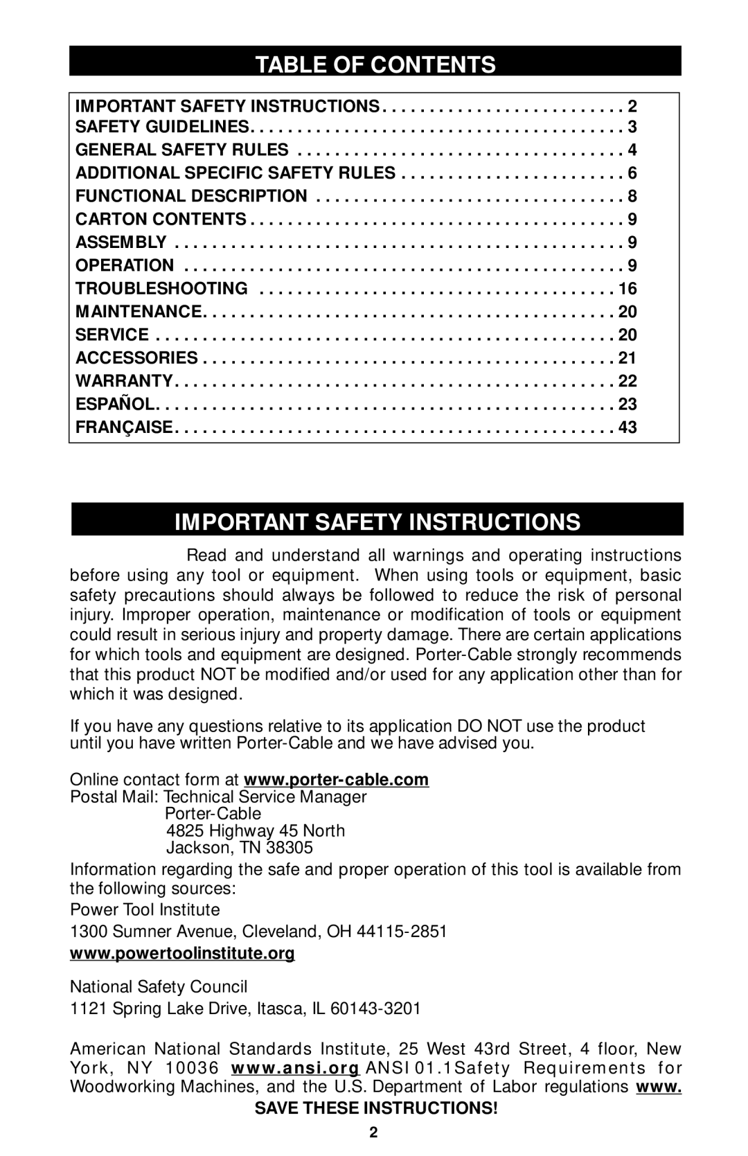 Porter-Cable 7319, 7310, 7320, 7312 instruction manual Table of Contents, Important Safety Instructions 