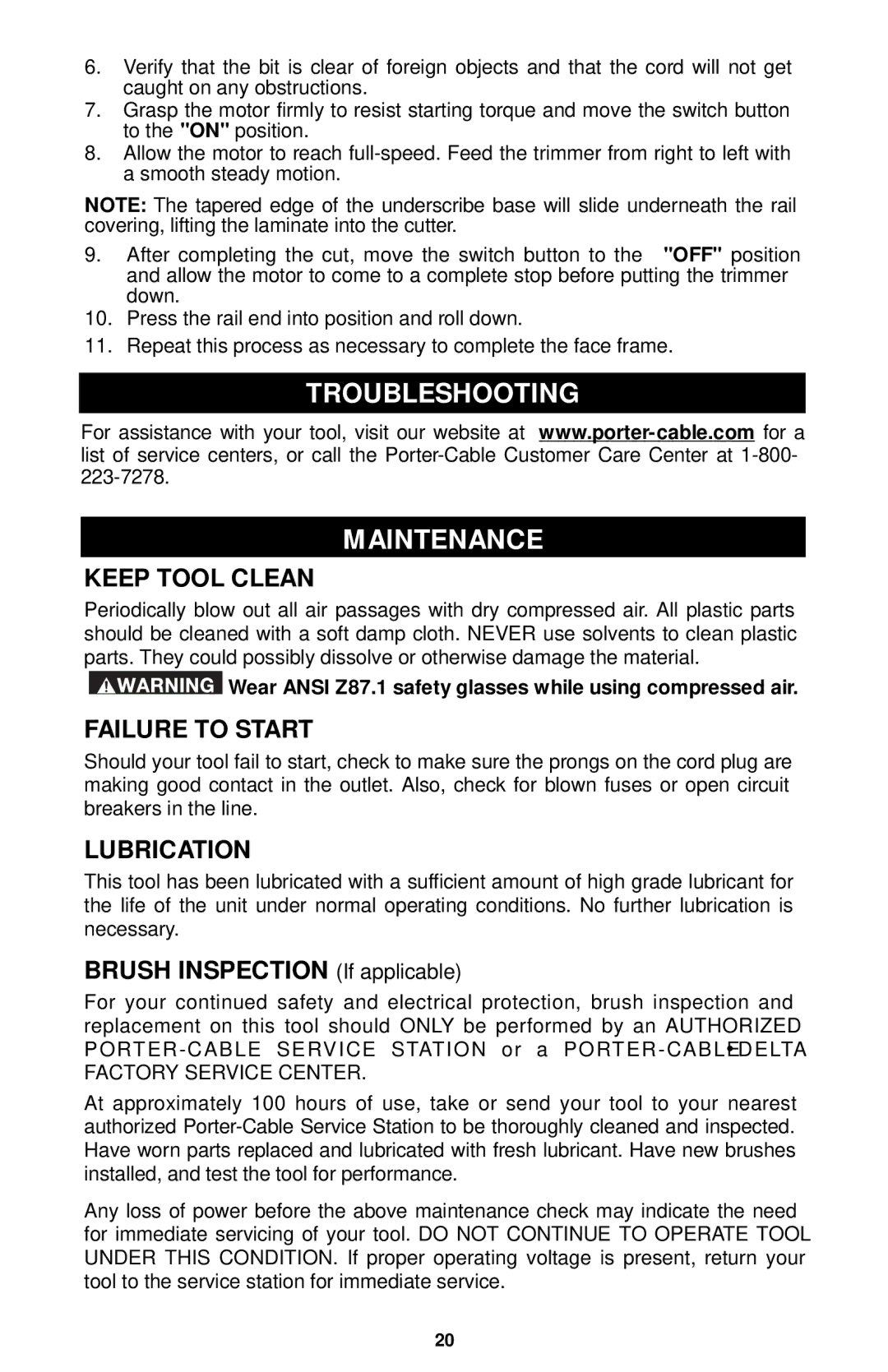 Porter-Cable 7310, 7320, 7319, 7312 Troubleshooting Maintenance, Keep Tool Clean, Failure to Start, Lubrication 