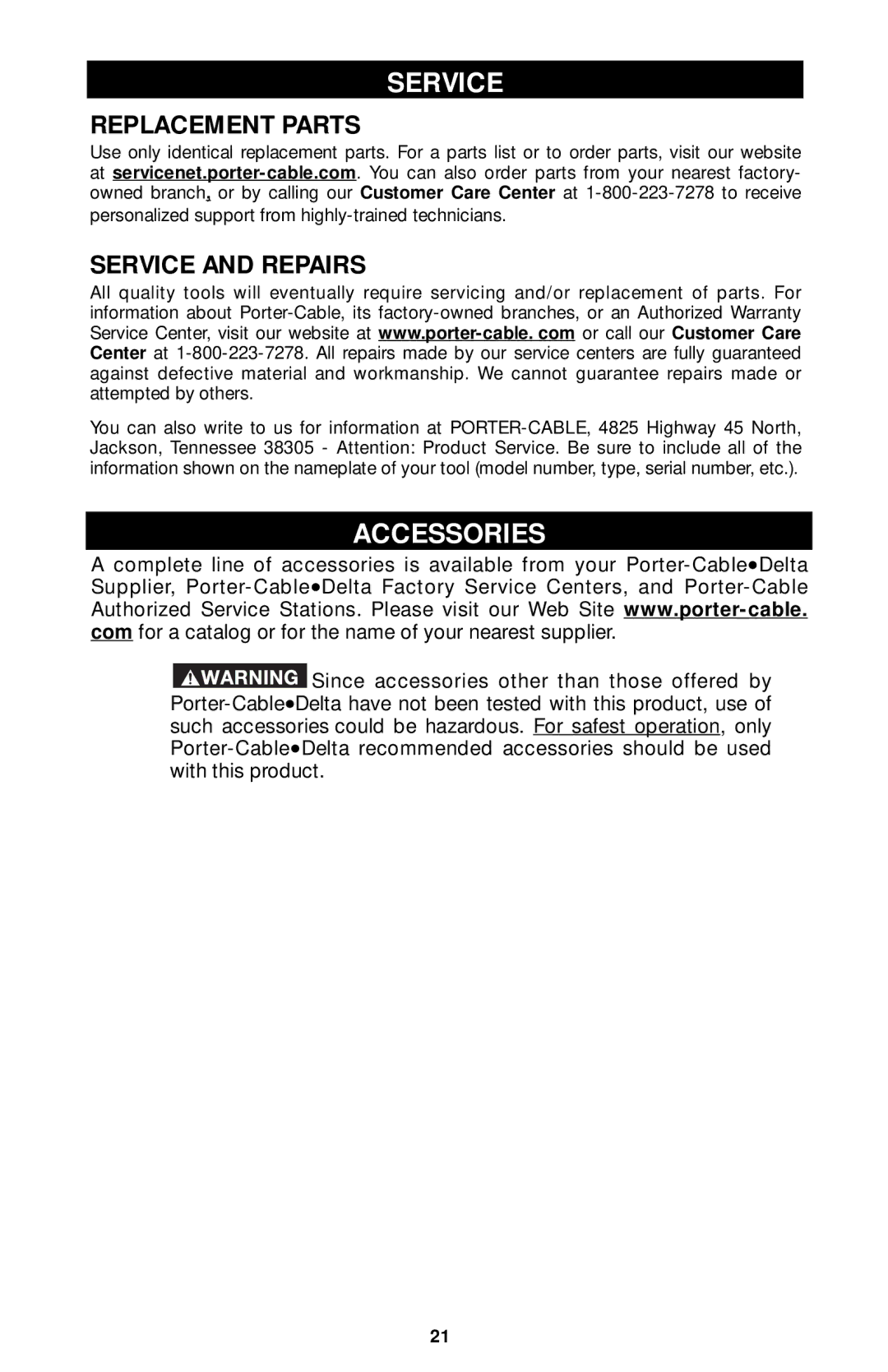 Porter-Cable 7320, 7310, 7319, 7312 instruction manual Accessories, Replacement Parts, Service and Repairs 