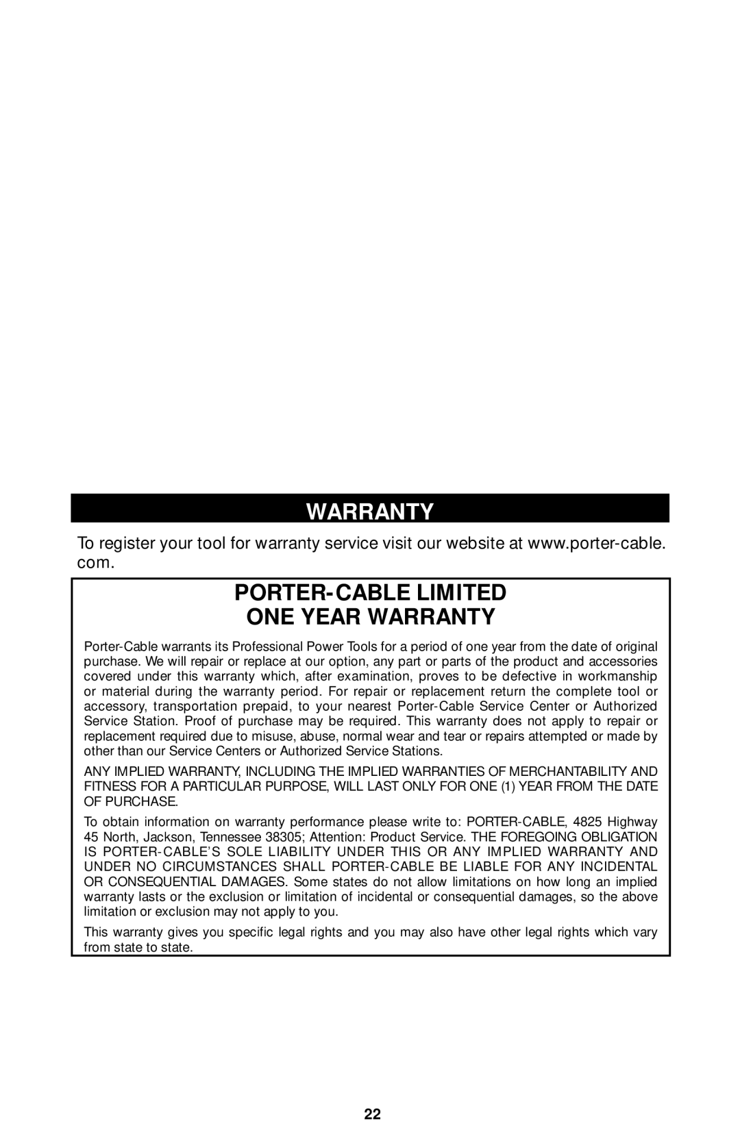 Porter-Cable 7319, 7310, 7320, 7312 instruction manual PORTER-CABLE Limited ONE Year Warranty 