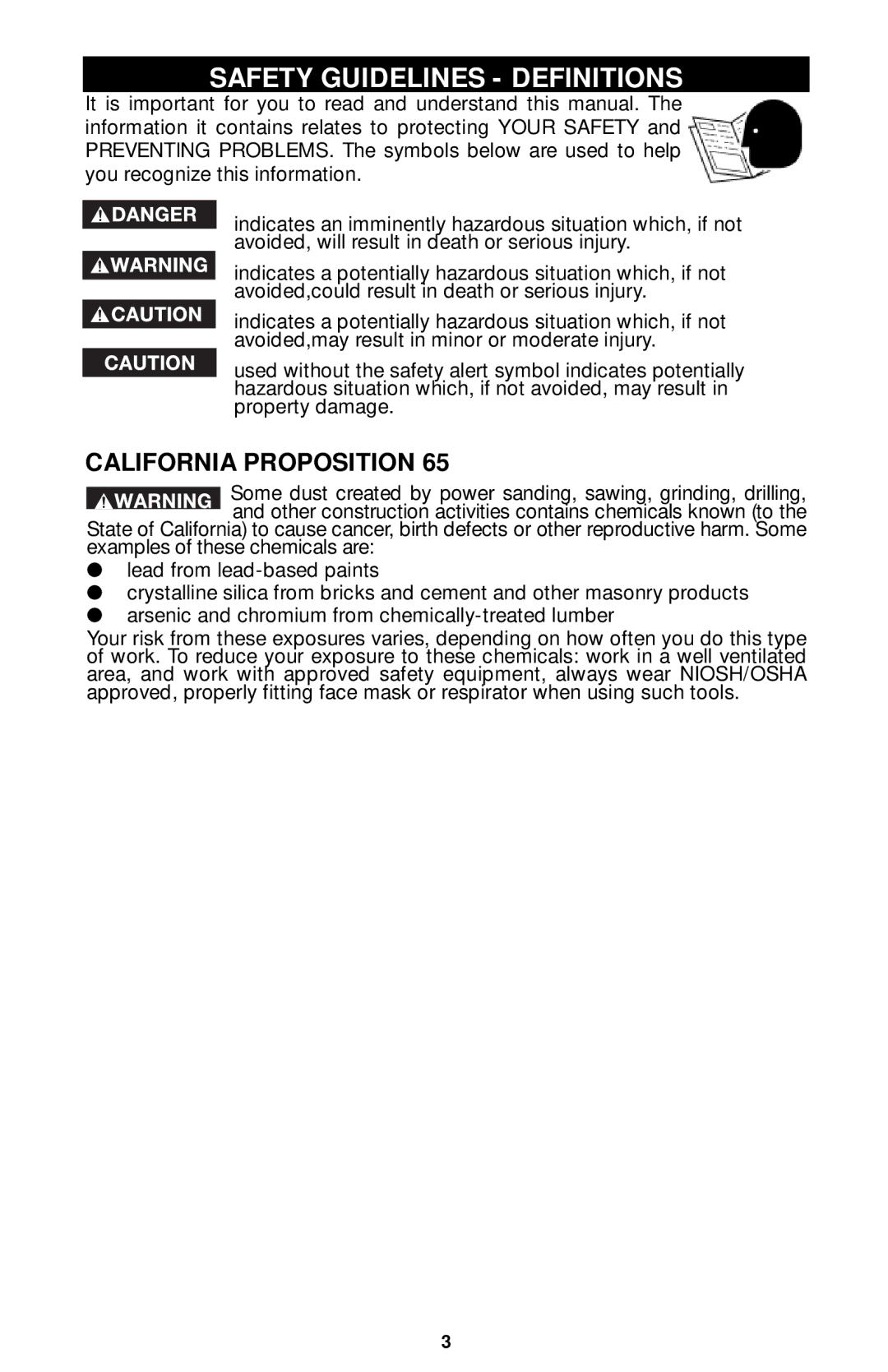 Porter-Cable 7312, 7310, 7320, 7319 instruction manual Safety Guidelines Definitions, California Proposition 