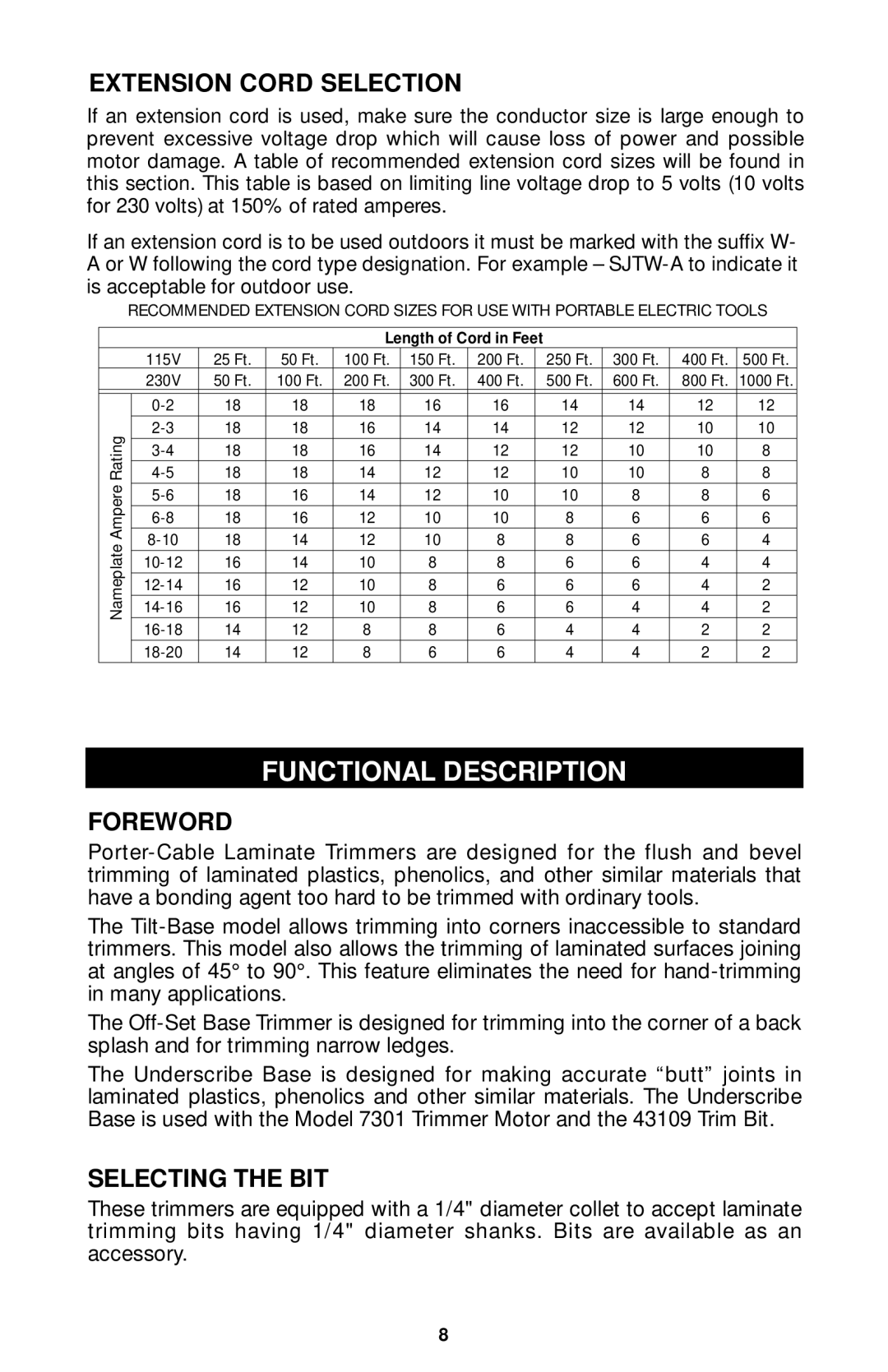 Porter-Cable 7310, 7320, 7319, 7312 Functional Description, Extension Cord Selection, Foreword, Selecting the BIT 