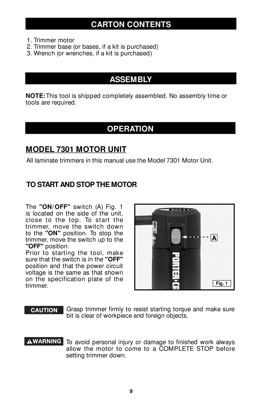 Porter-Cable 7320, 7310, 7319, 7312 instruction manual Carton Contents, Assembly Operation 