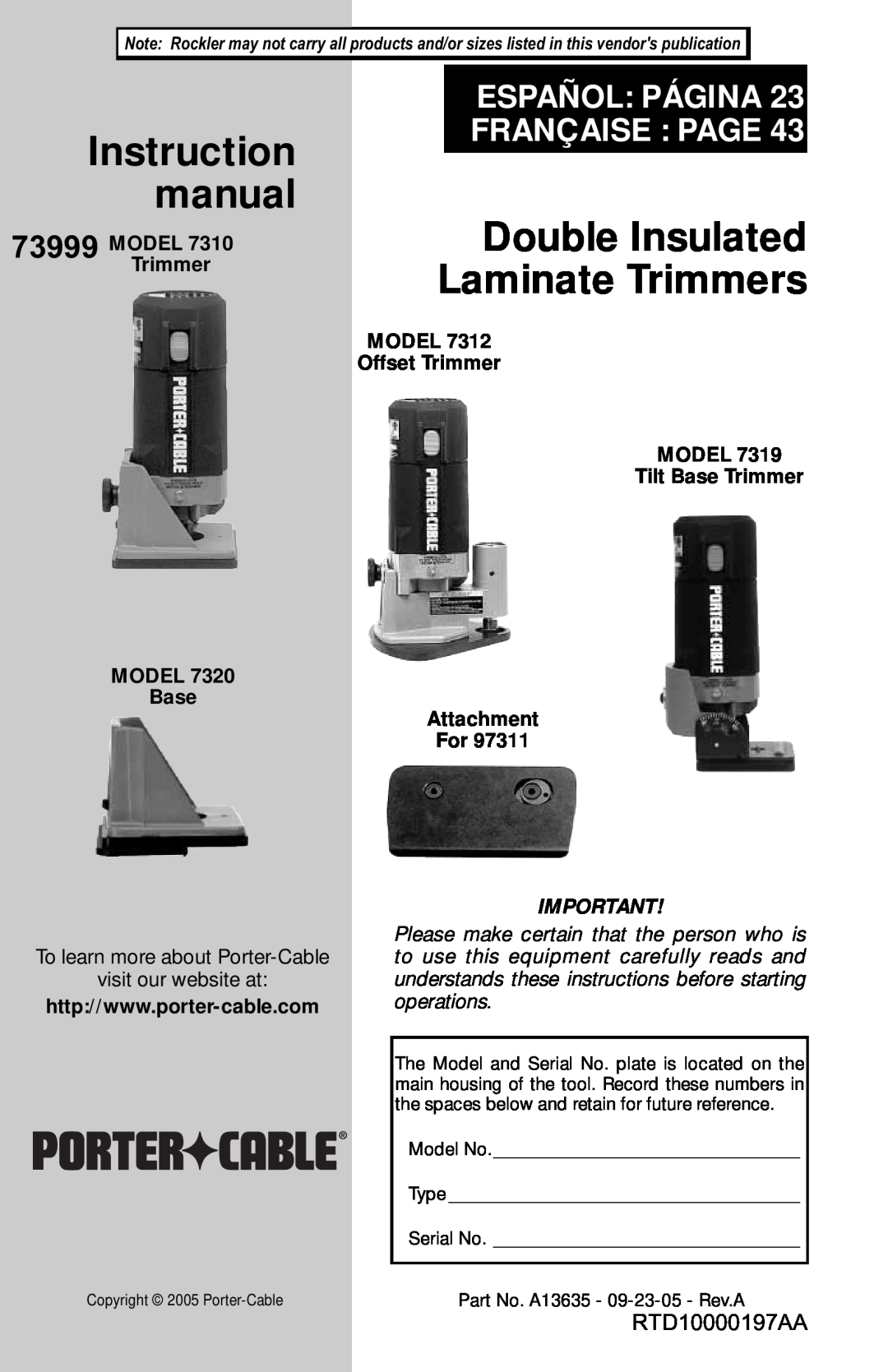 Porter-Cable 7320, 7310, 7319, 7312 instruction manual Instruction manual, Double Insulated, Laminate Trimmers, 73999 