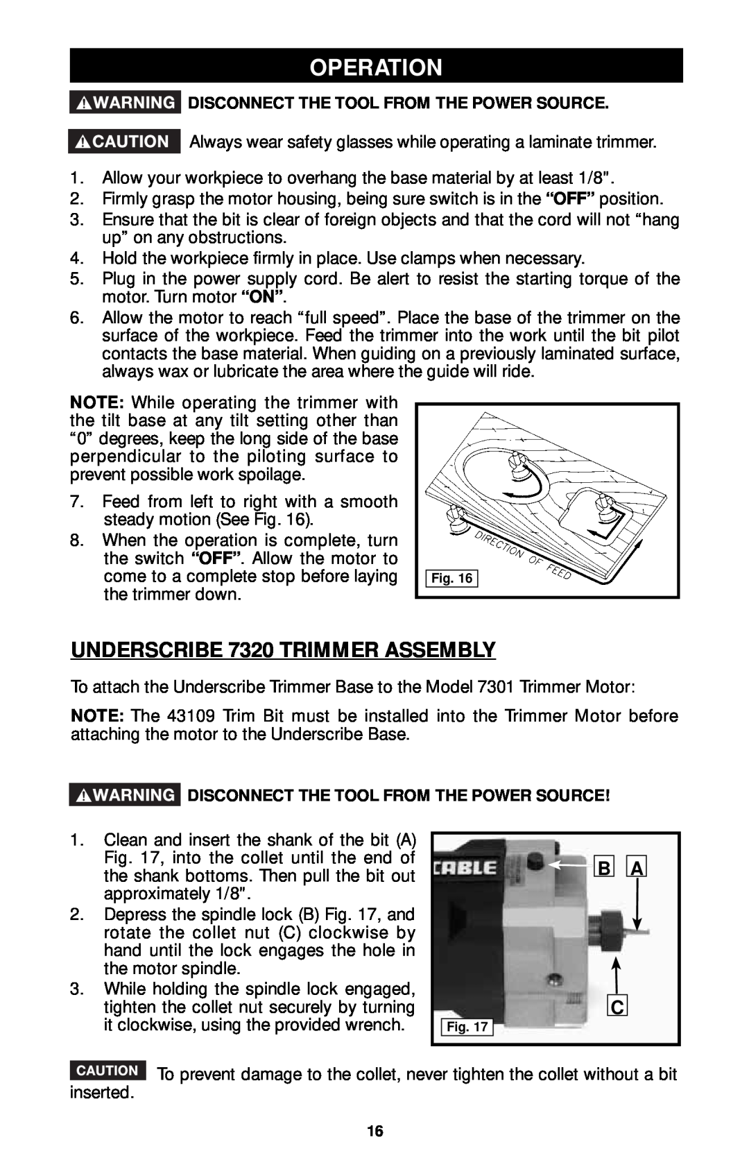 Porter-Cable 7310, 7319, 7312 instruction manual UNDERSCRIBE 7320 TRIMMER ASSEMBLY, Operation, B A C 