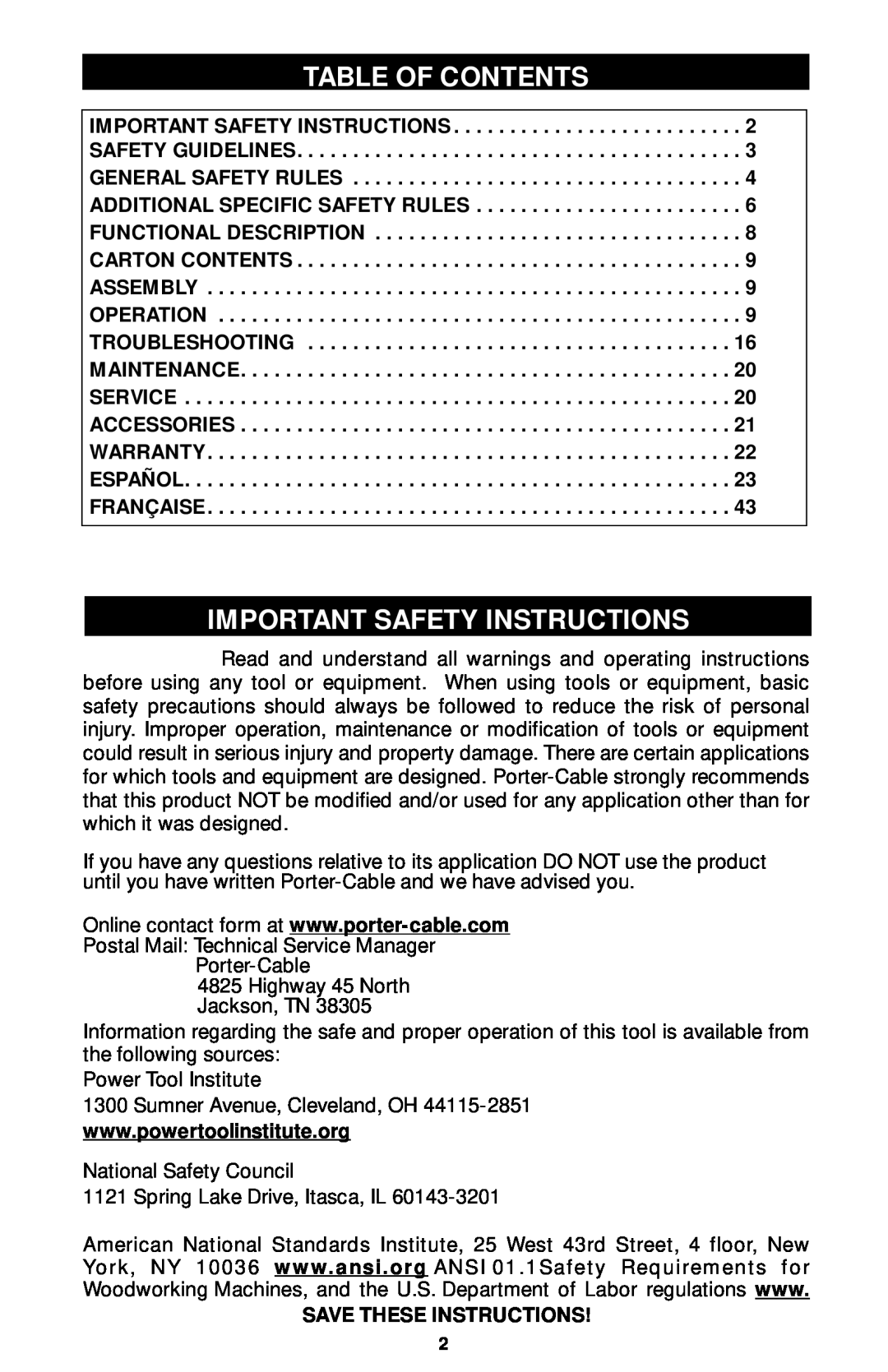 Porter-Cable 7319, 7310, 7320, 7312 instruction manual Table Of Contents, Important Safety Instructions 