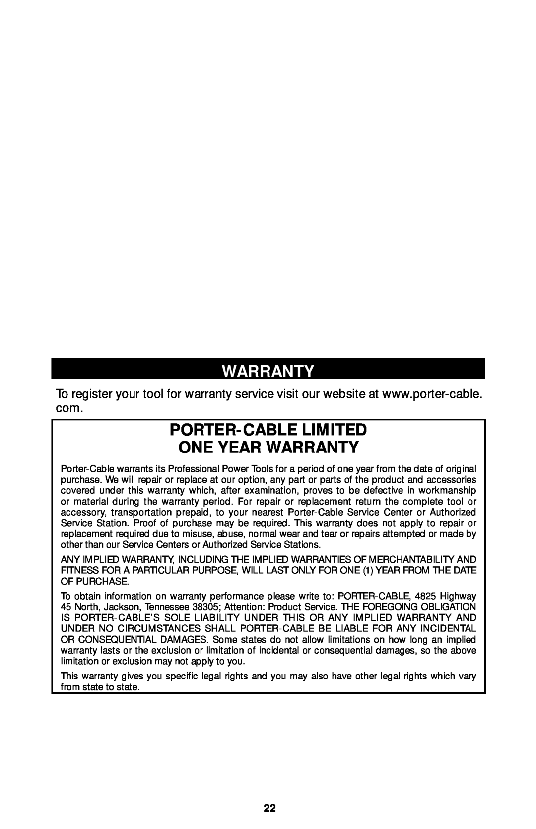 Porter-Cable 7319, 7310, 7320, 7312 instruction manual Porter-Cablelimited One Year Warranty 