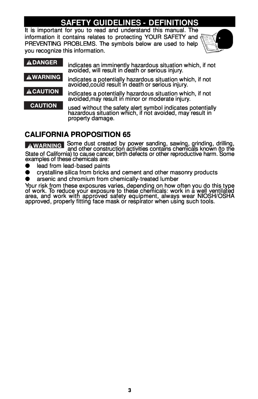 Porter-Cable 7312, 7310, 7320, 7319 instruction manual Safety Guidelines - Definitions, California Proposition 
