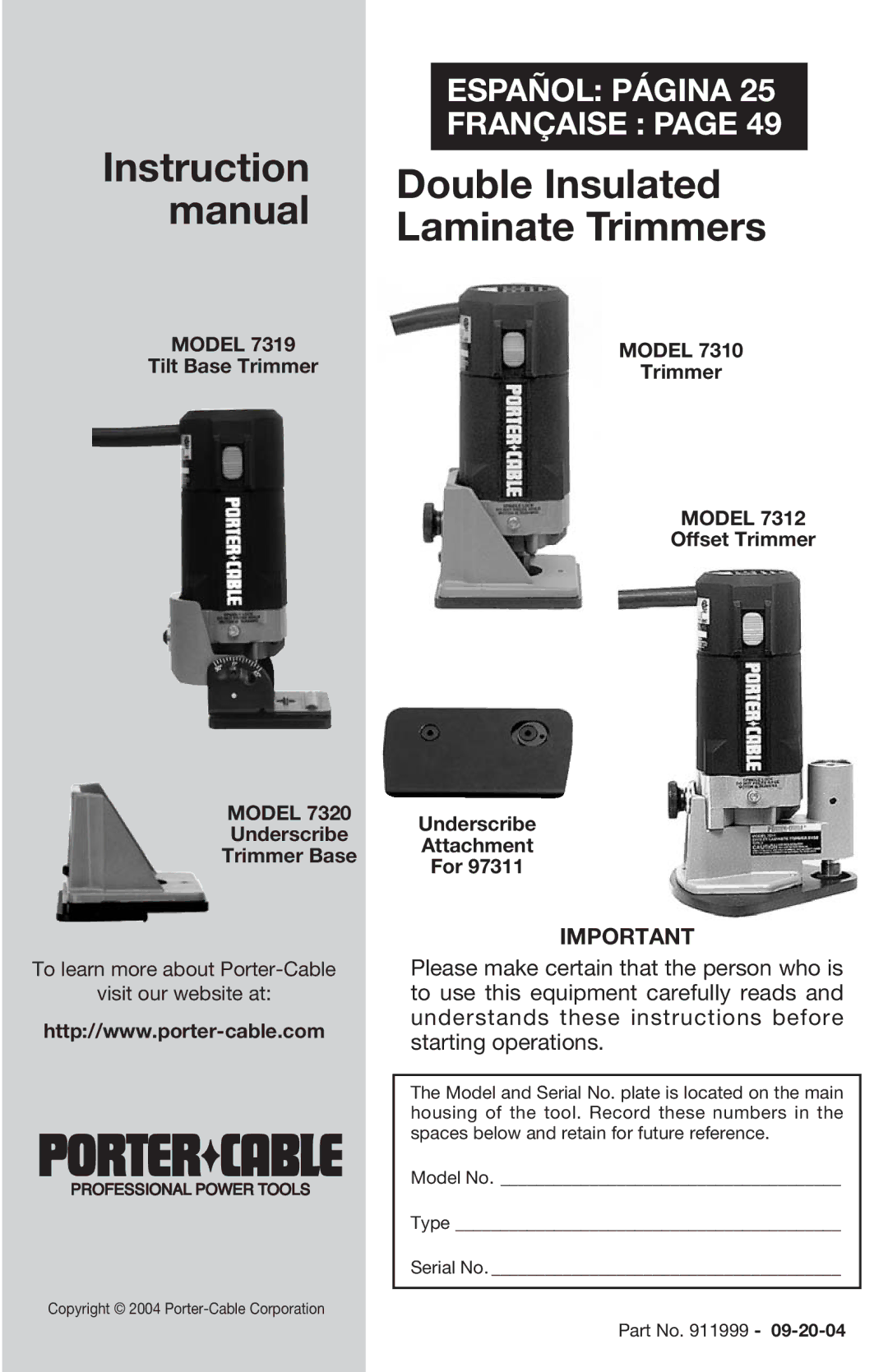 Porter-Cable 7310 instruction manual Double Insulated 