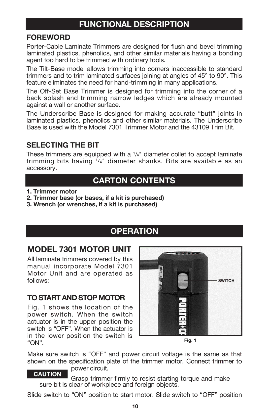 Porter-Cable 7310 instruction manual Functional Description, Carton Contents, Operation 