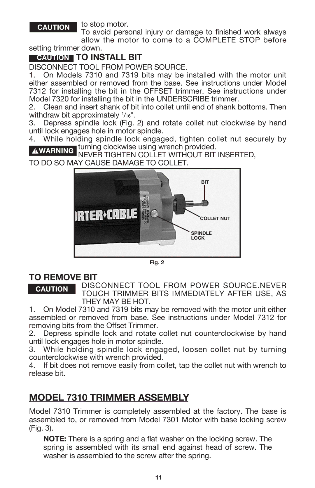 Porter-Cable instruction manual Model 7310 Trimmer Assembly, To Install BIT, To Remove BIT 