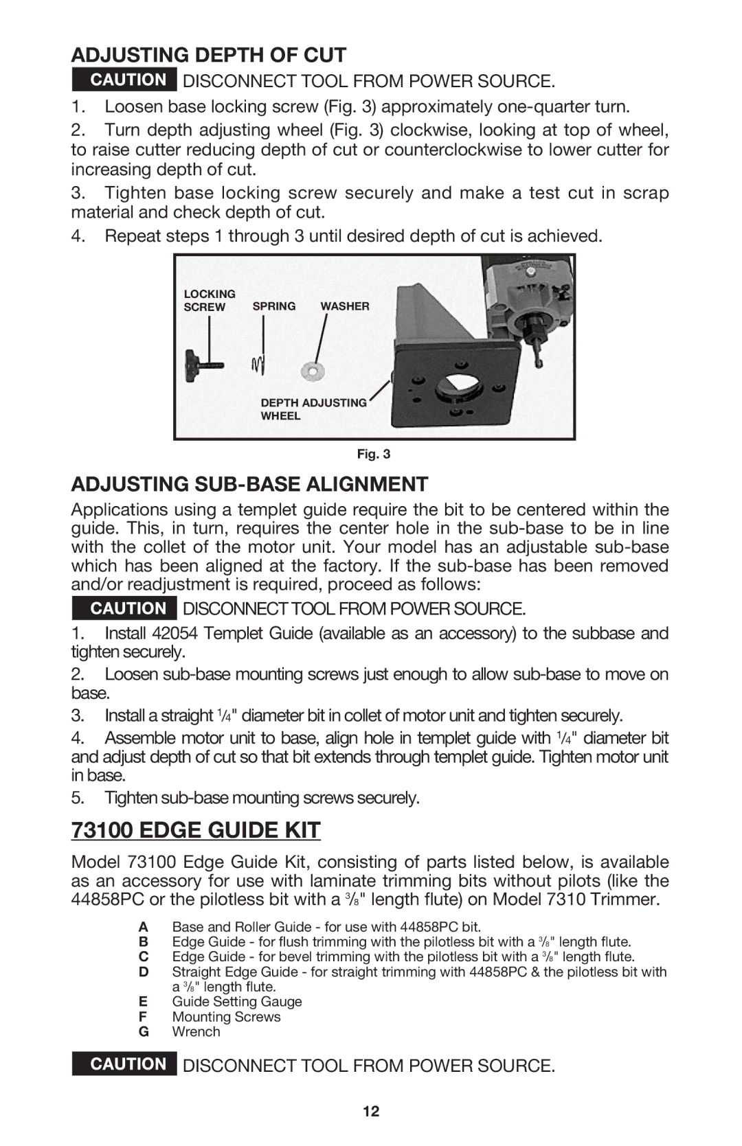 Porter-Cable 7310 instruction manual Edge Guide KIT, Adjusting Depth of CUT, Adjusting SUB-BASE Alignment 