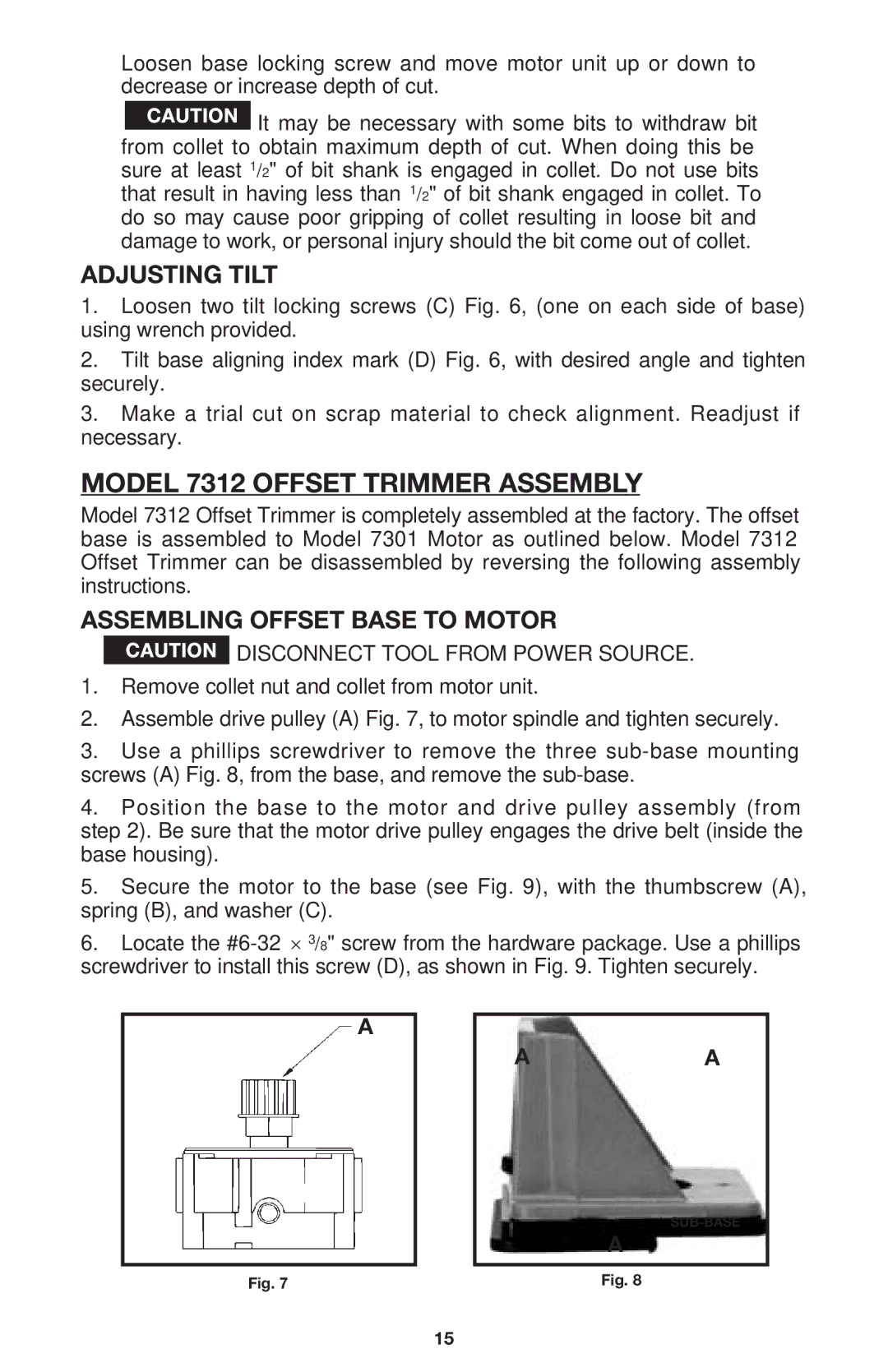 Porter-Cable 7310 instruction manual Model 7312 Offset Trimmer Assembly, Adjusting Tilt, Assembling Offset Base to Motor 