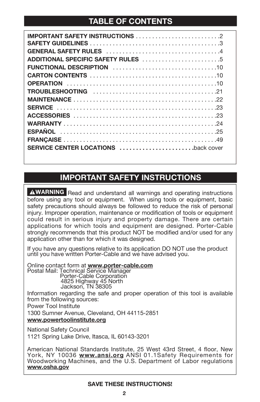 Porter-Cable 7310 instruction manual Table of Contents, Important Safety Instructions 