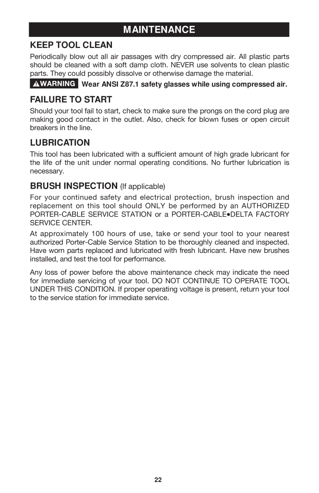 Porter-Cable 7310 instruction manual Maintenance, Keep Tool Clean, Failure to Start, Lubrication 