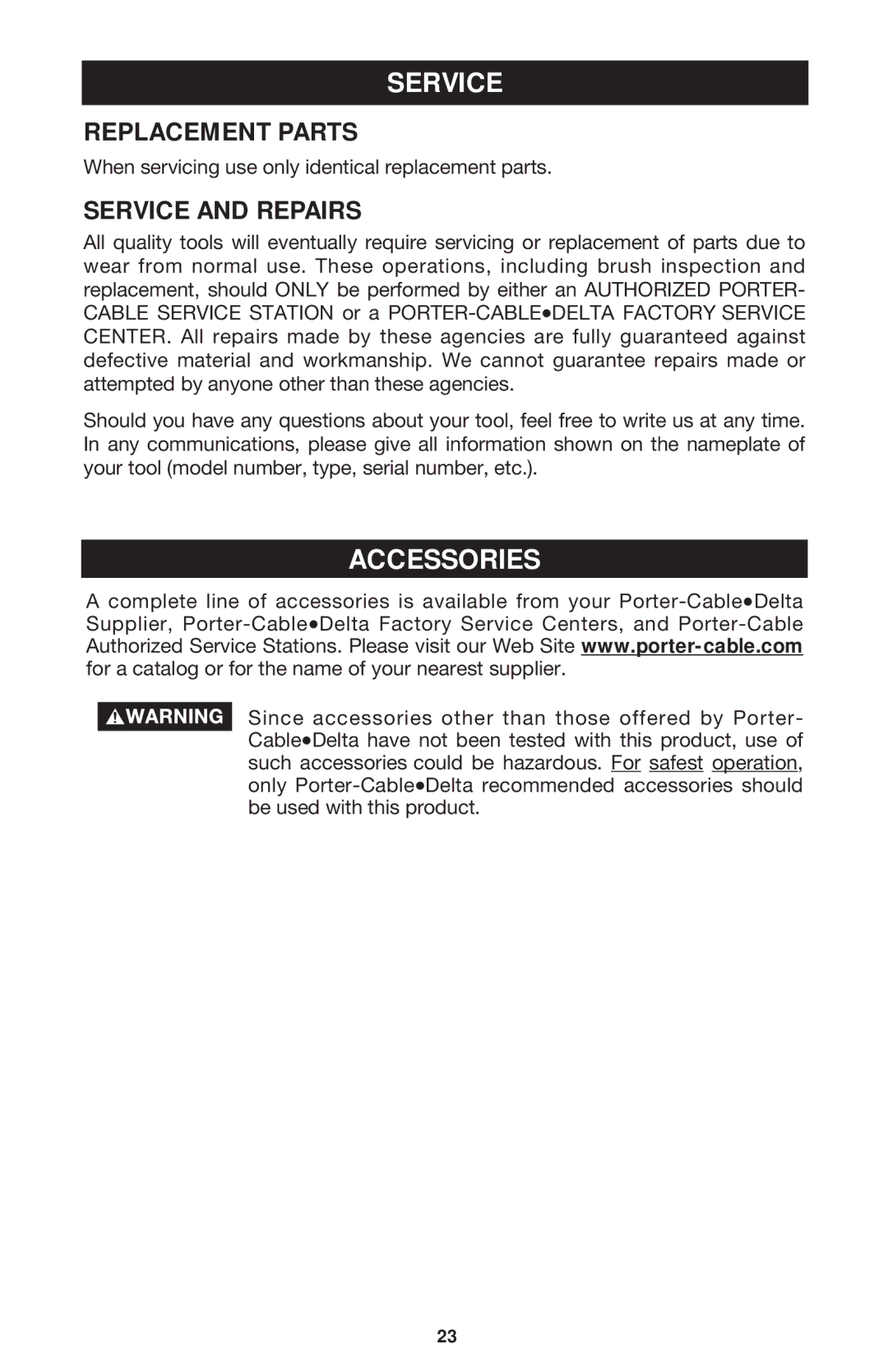 Porter-Cable 7310 instruction manual Accessories, Replacement Parts, Service and Repairs 