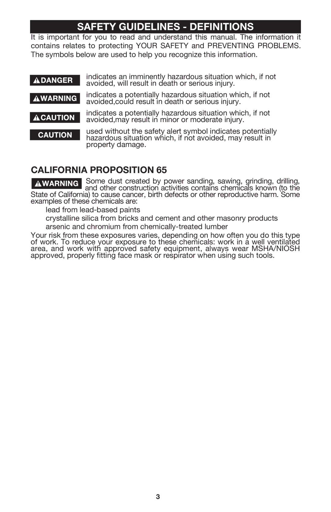 Porter-Cable 7310 instruction manual Safety Guidelines Definitions, California Proposition 