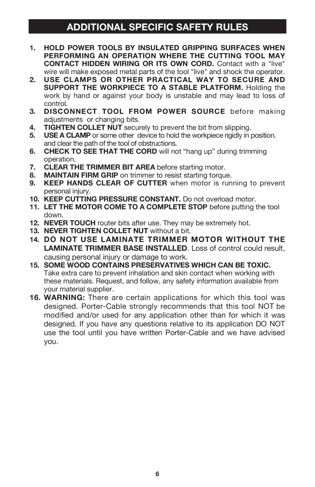 Porter-Cable 7310 instruction manual Additional Specific Safety Rules, Clear the Trimmer BIT Area before starting motor 