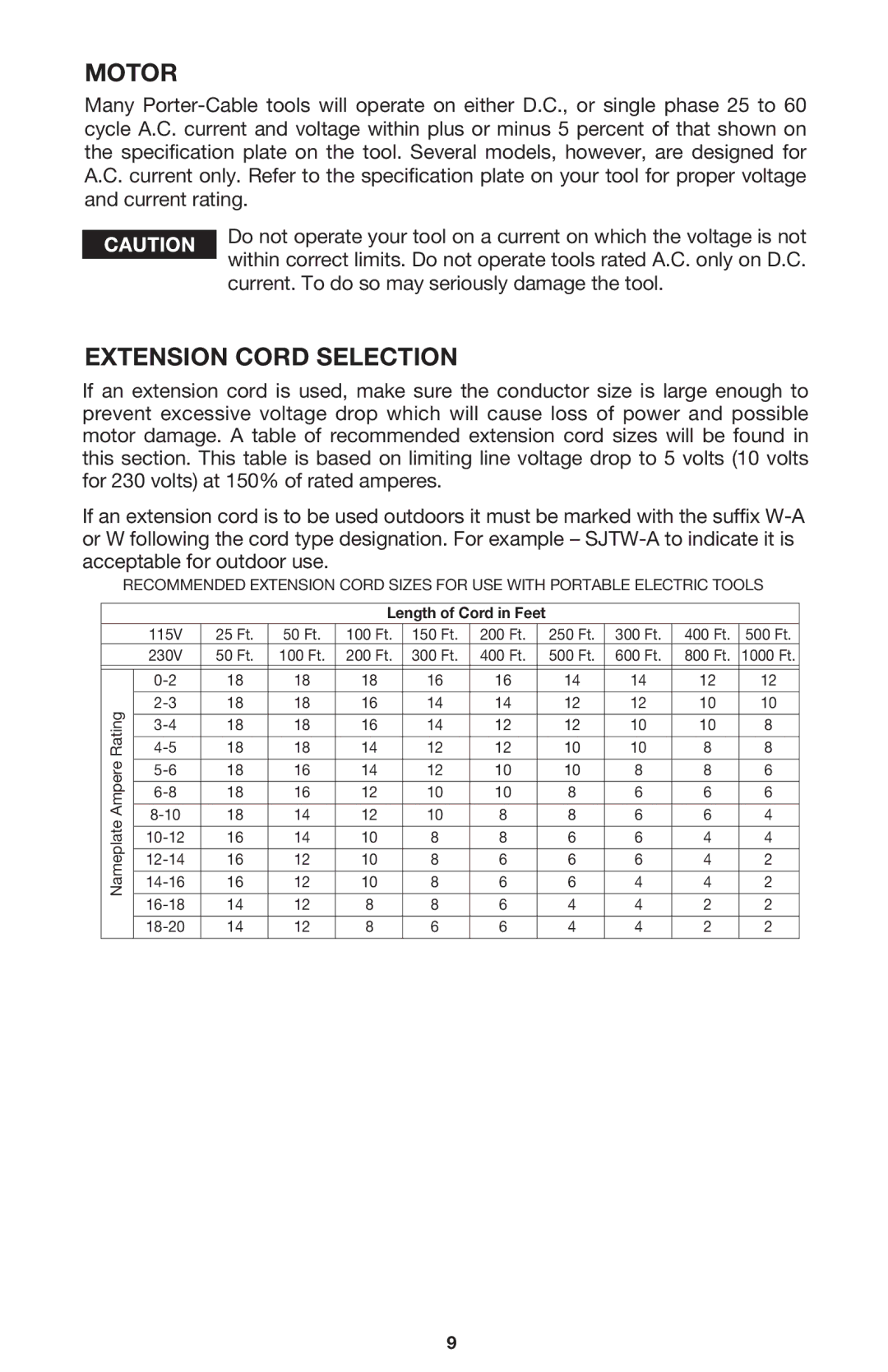 Porter-Cable 7310 instruction manual Motor, Extension Cord Selection 