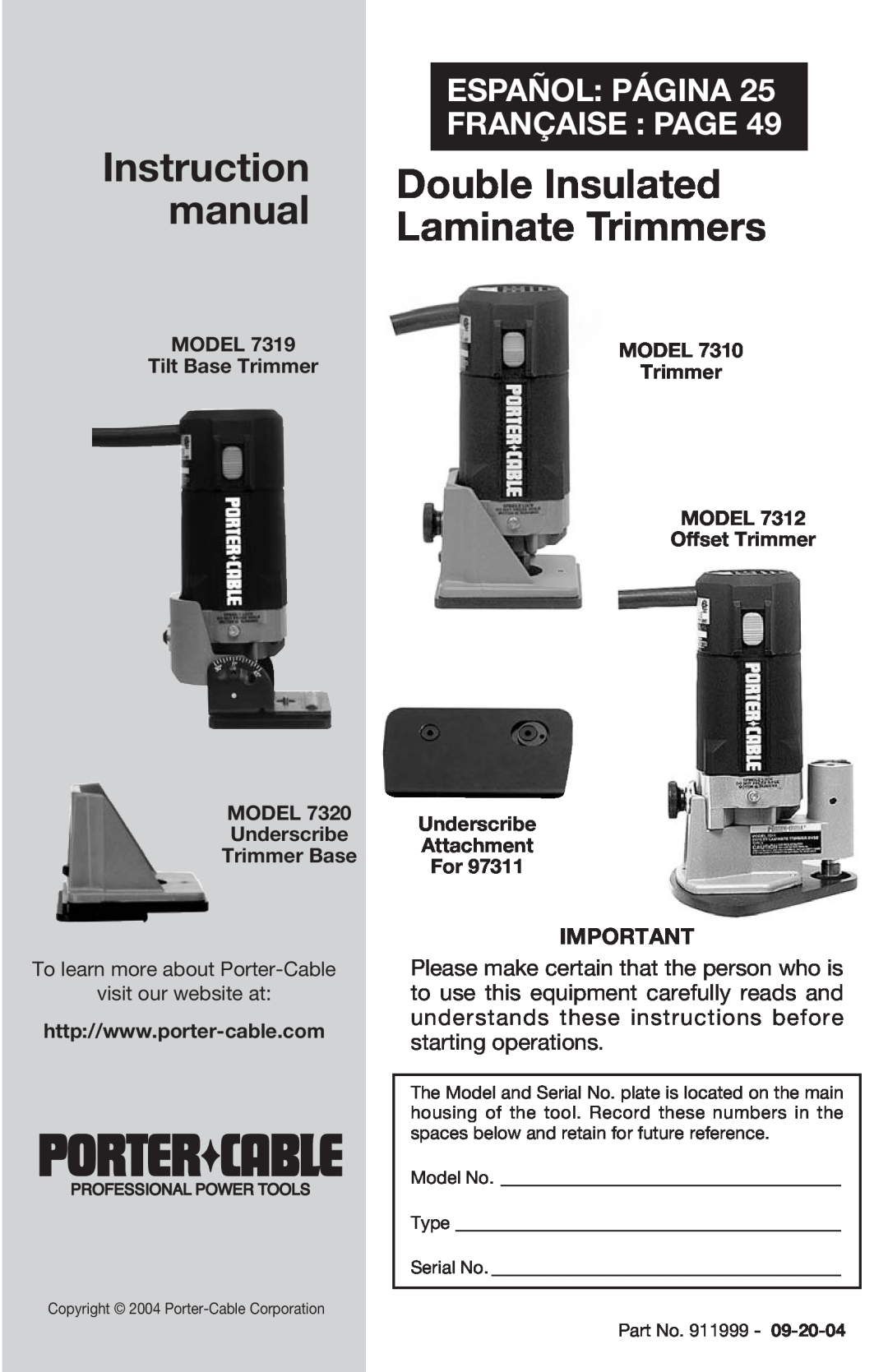 Porter-Cable 7320, 7310, 7319, 7312 instruction manual Instruction manual, Double Insulated, Laminate Trimmers, 73999 