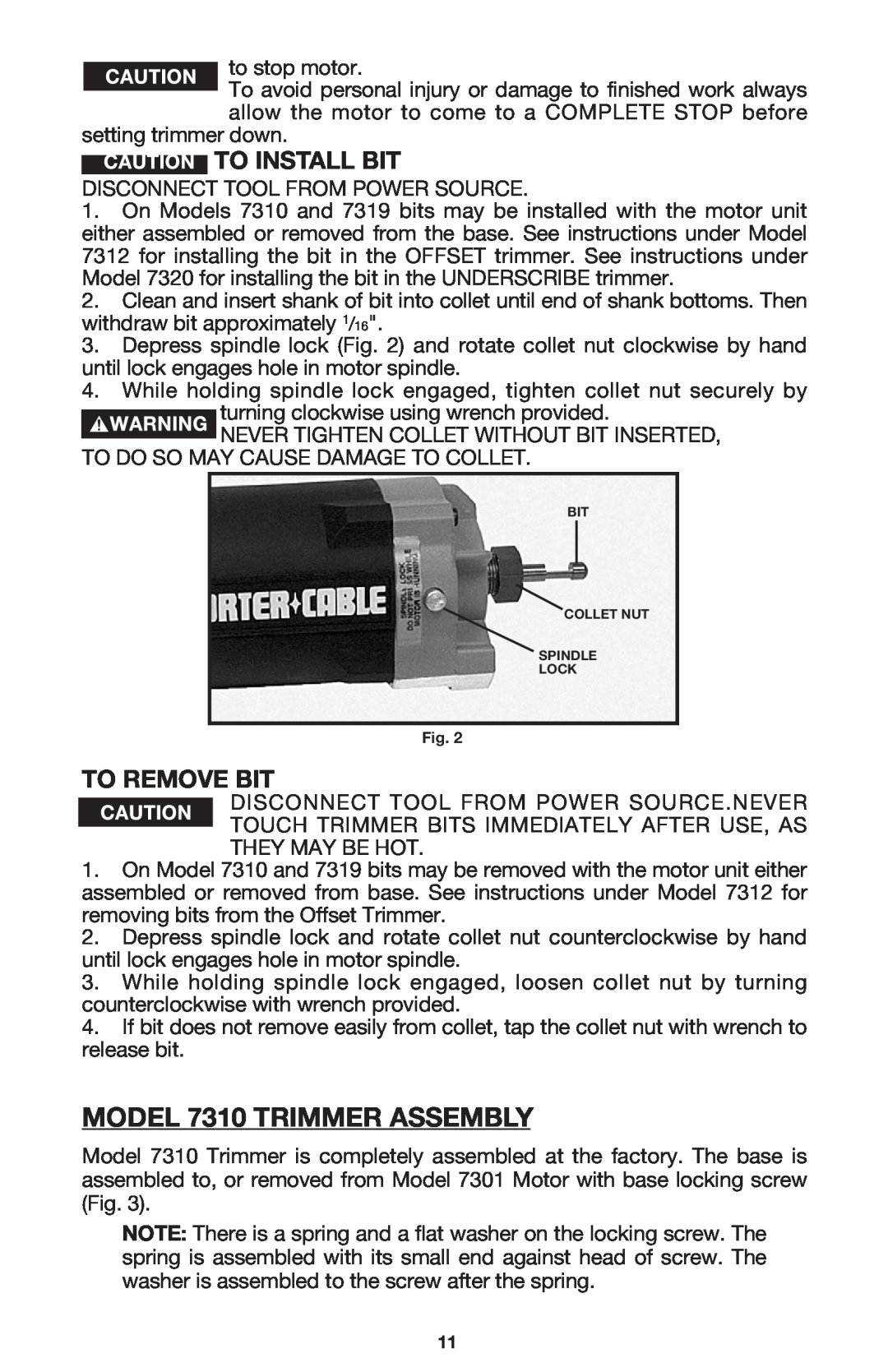 Porter-Cable instruction manual MODEL 7310 TRIMMER ASSEMBLY, To Install Bit, To Remove Bit 