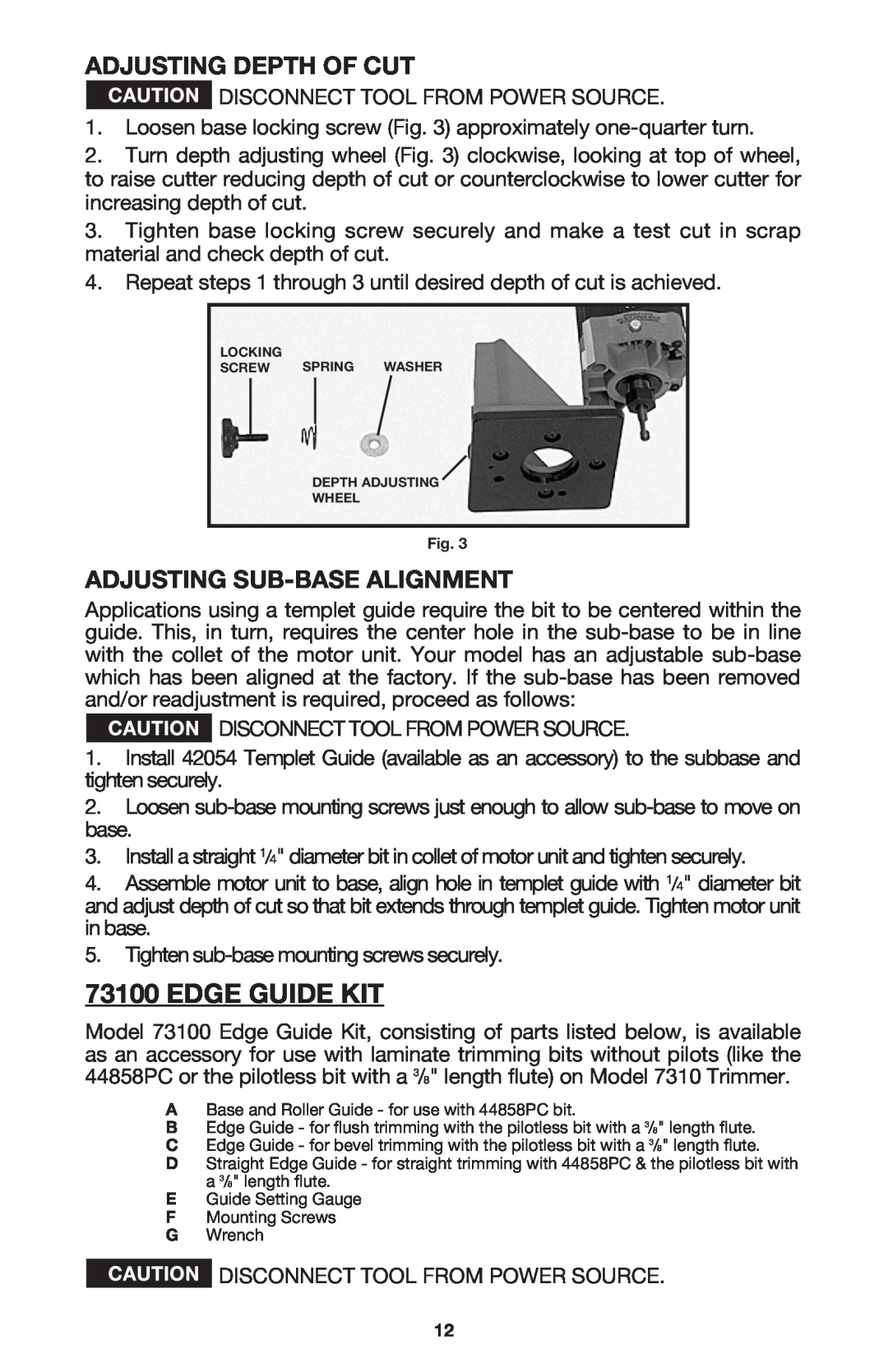 Porter-Cable 7310 instruction manual Edge Guide Kit, Adjusting Depth Of Cut, Adjusting Sub-Base Alignment 