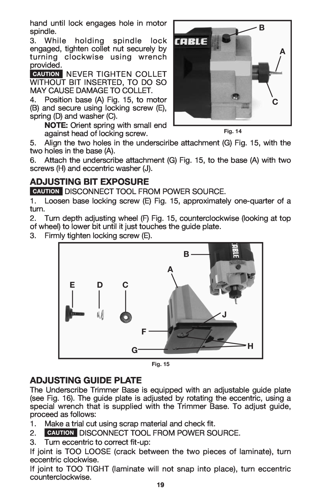 Porter-Cable 7310 instruction manual Adjusting Bit Exposure, Adjusting Guide Plate, B A C, B A E D C J F G H 
