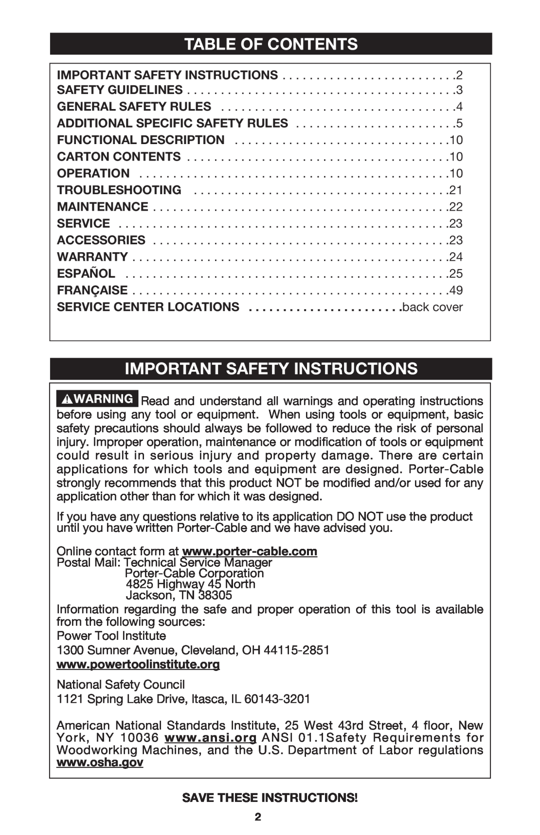 Porter-Cable 7310 instruction manual Table Of Contents, Important Safety Instructions 