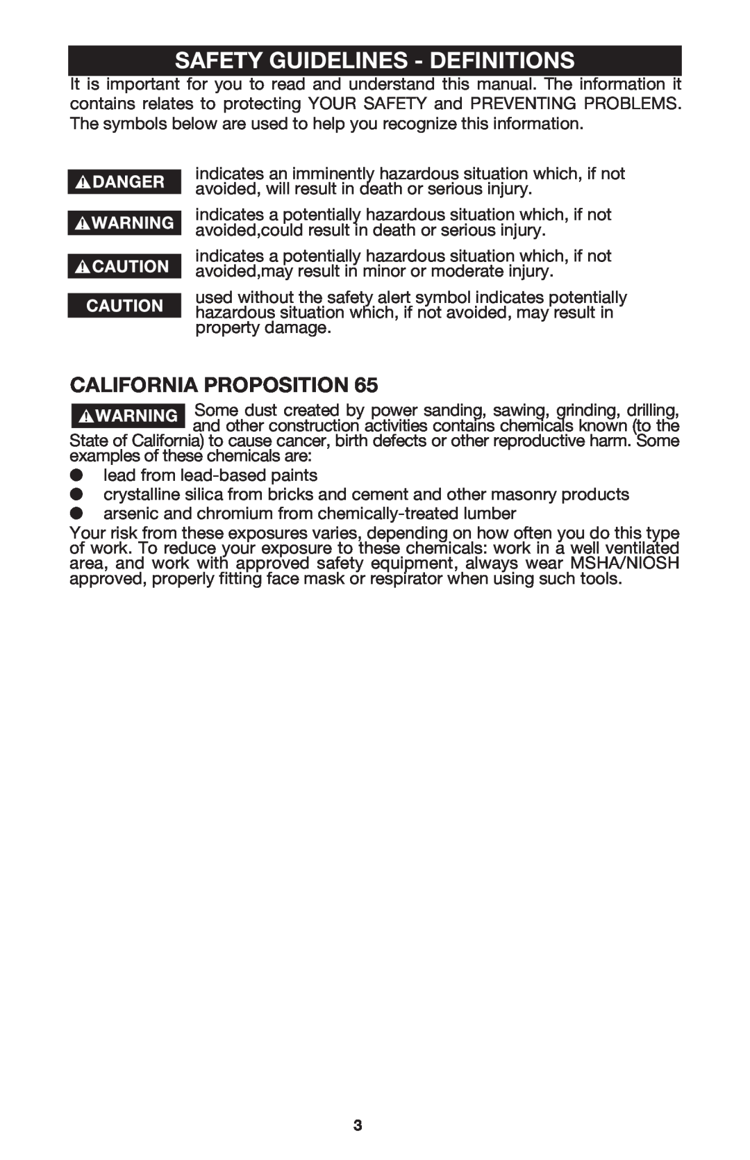 Porter-Cable 7310 instruction manual Safety Guidelines - Definitions, California Proposition 
