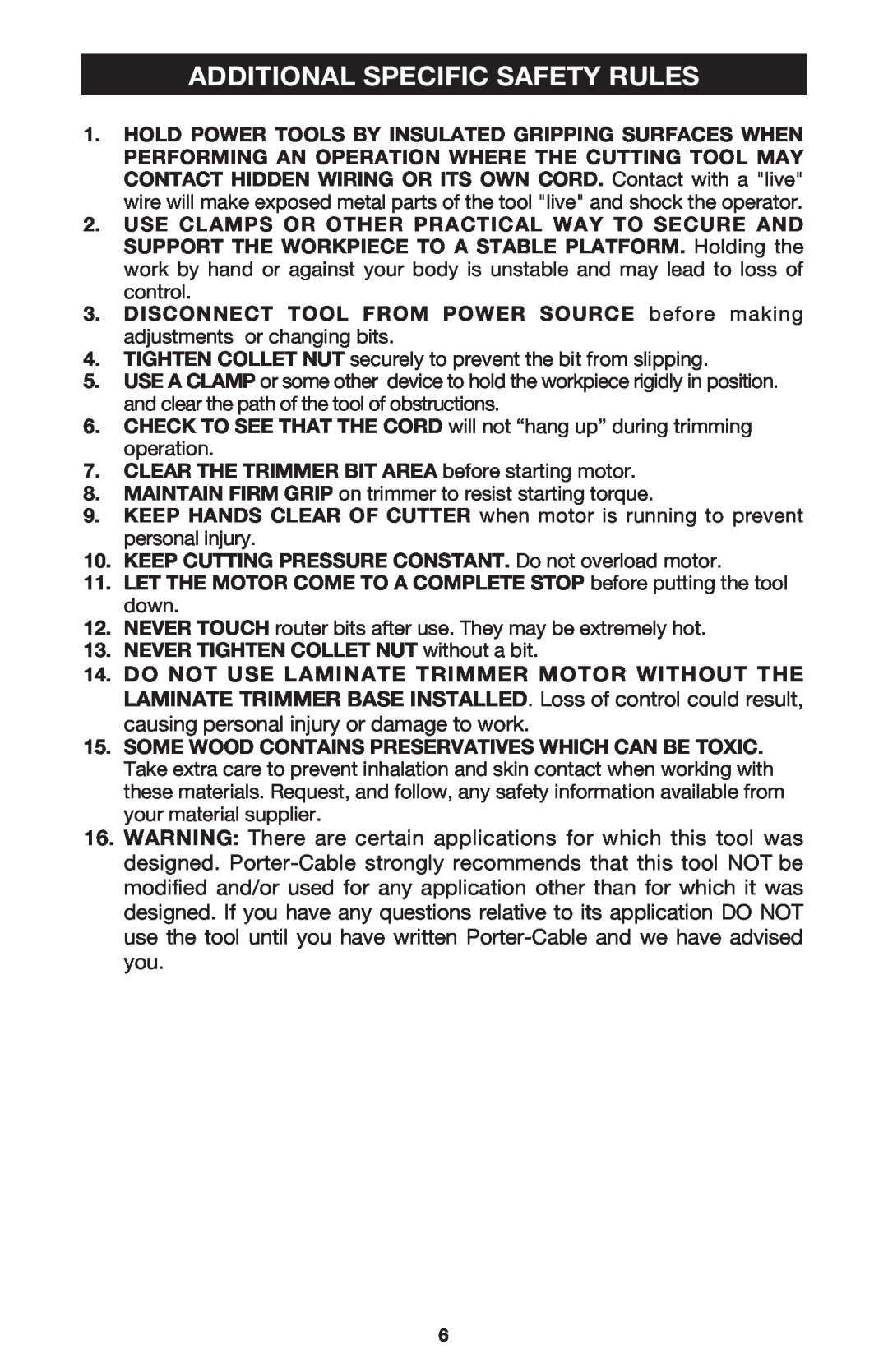 Porter-Cable 7310 instruction manual Additional Specific Safety Rules 