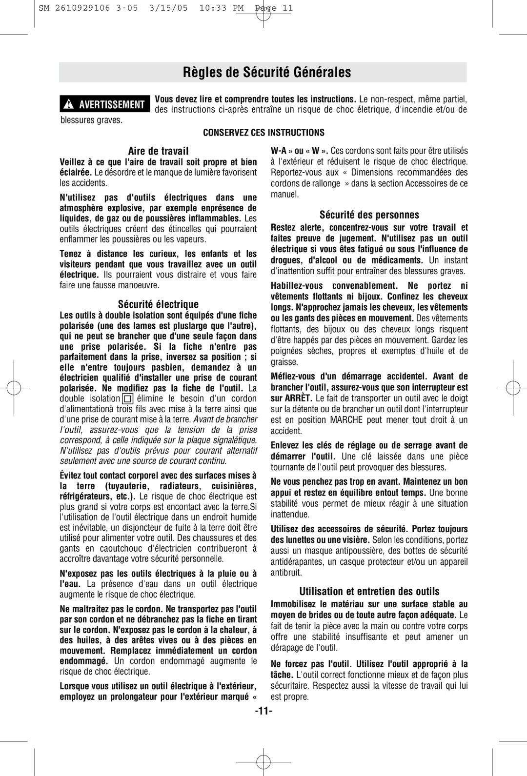 Porter-Cable 7313 manual Règles de Sécurité Générales, Conservez CES Instructions 