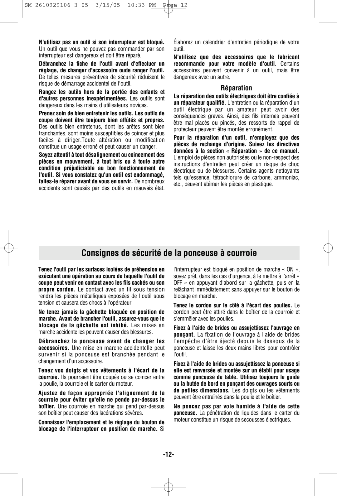 Porter-Cable 7313 manual Consignes de sécurité de la ponceuse à courroie, Réparation 