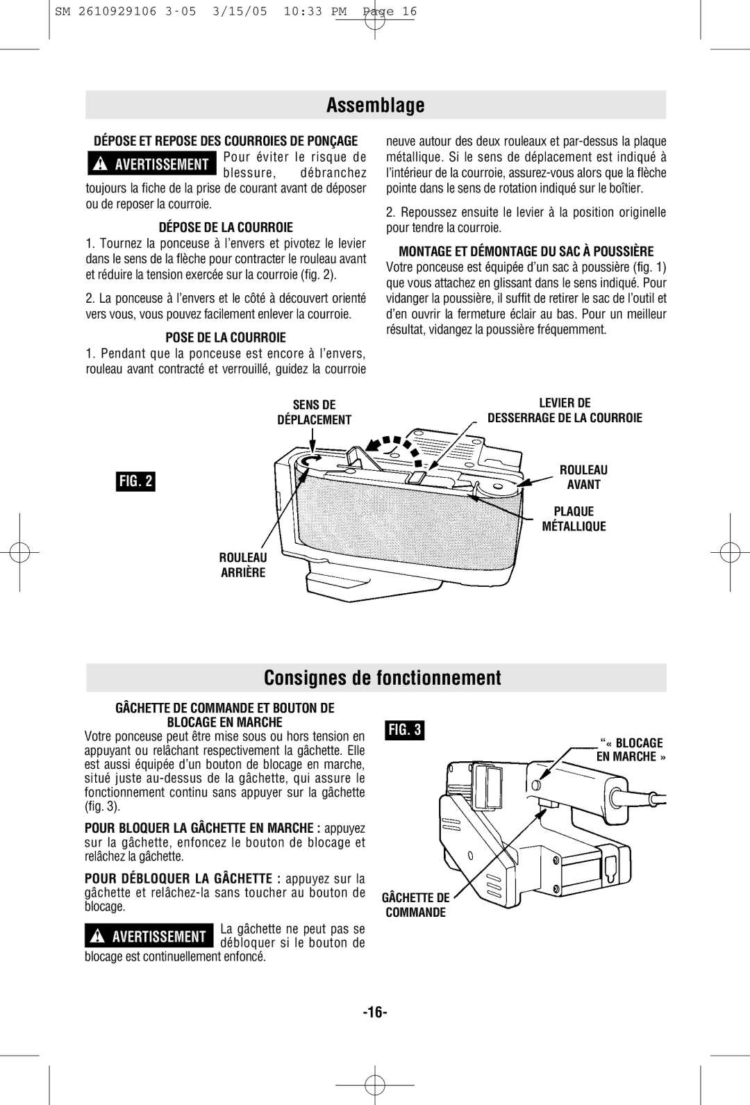 Porter-Cable 7313 manual Assemblage, Consignes de fonctionnement 