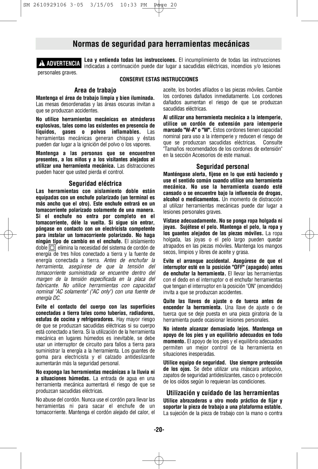 Porter-Cable 7313 manual Normas de seguridad para herramientas mecánicas, Area de trabajo, Seguridad eléctrica 