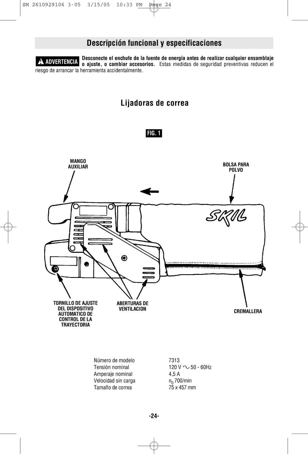 Porter-Cable 7313 manual Descripción funcional y especificaciones, Lijadoras de correa 