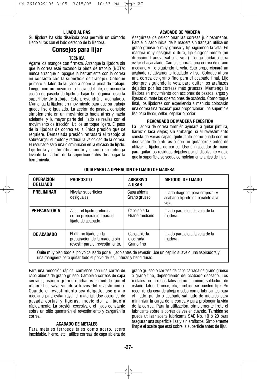 Porter-Cable 7313 manual Consejos para lijar 